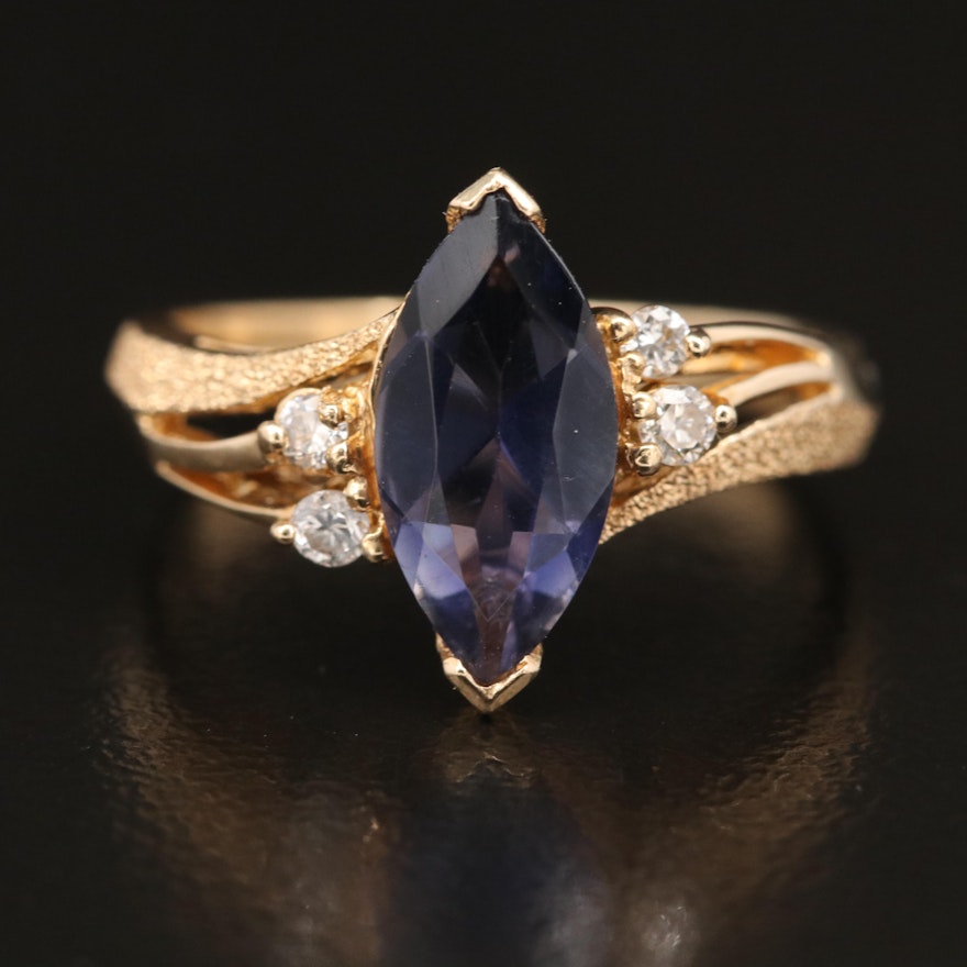 14K Faceted Blue Glass and Diamond Ring