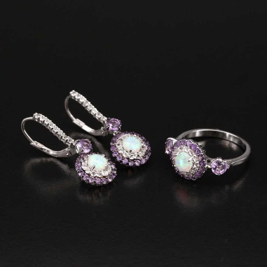 Sterling Opal and Gemstone Drop Earring and Ring Set