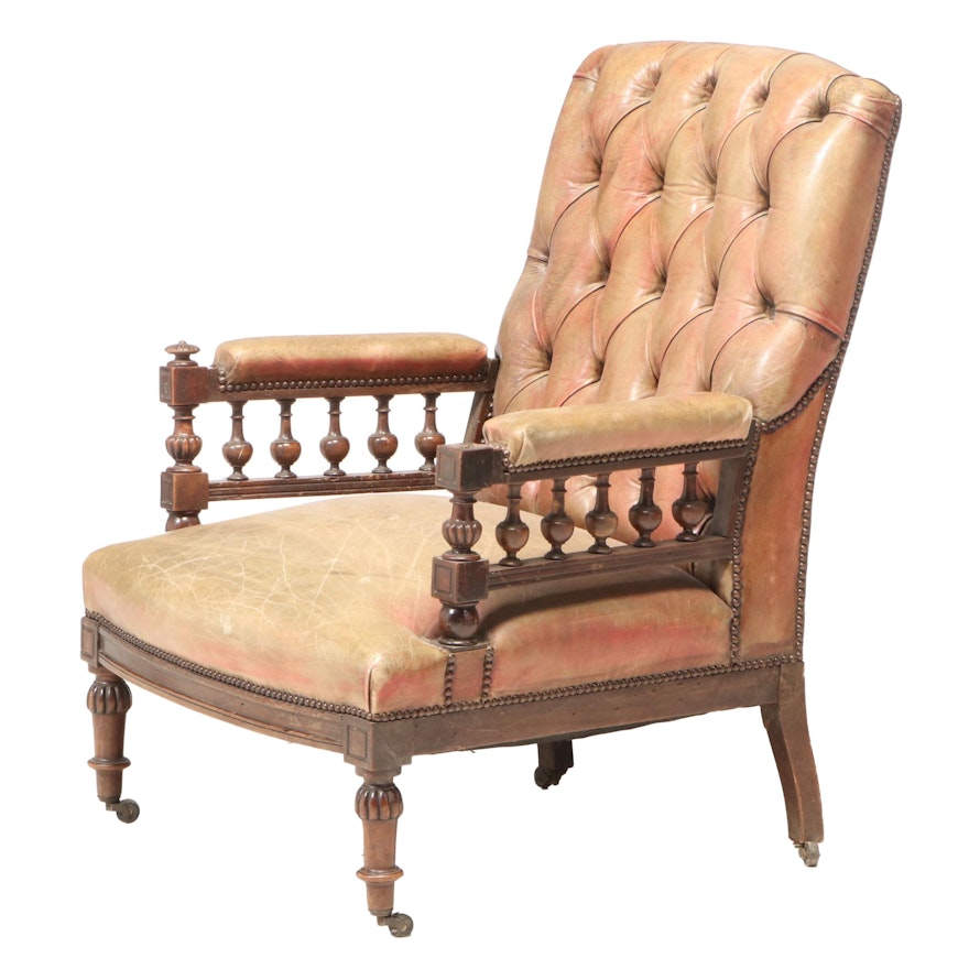 Victorian Mahogany, Buttoned-Down, and Brass-Tacked Leather Library Armchair