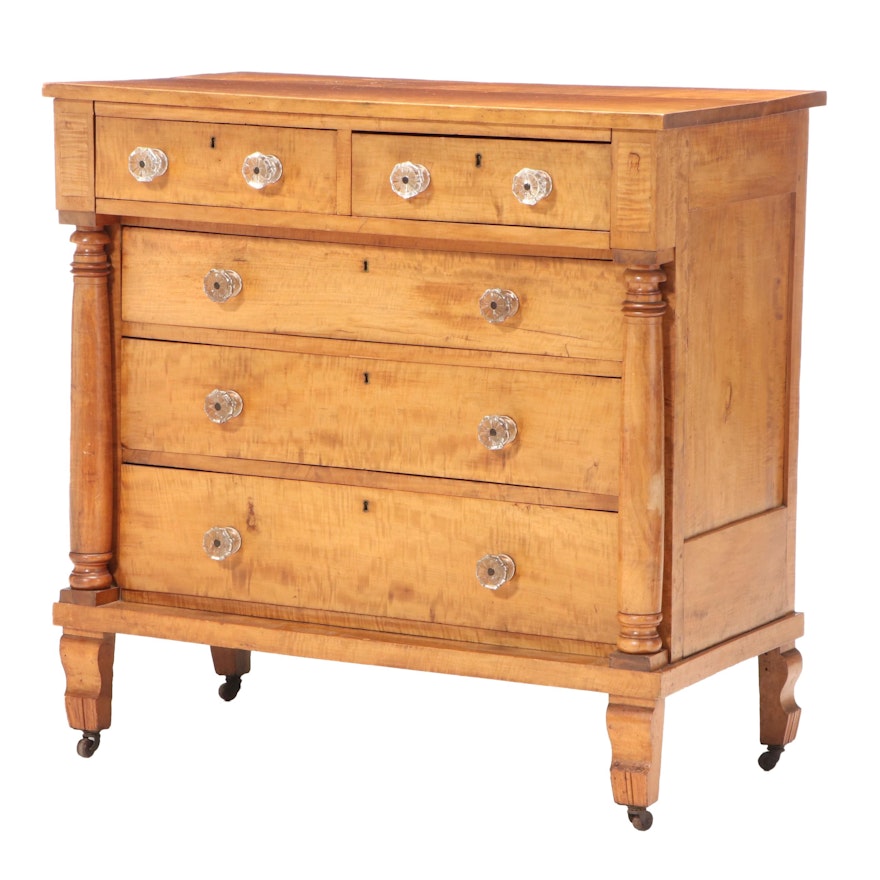 American Empire Tiger Maple Five-Drawer Chest, Mid-19th Century