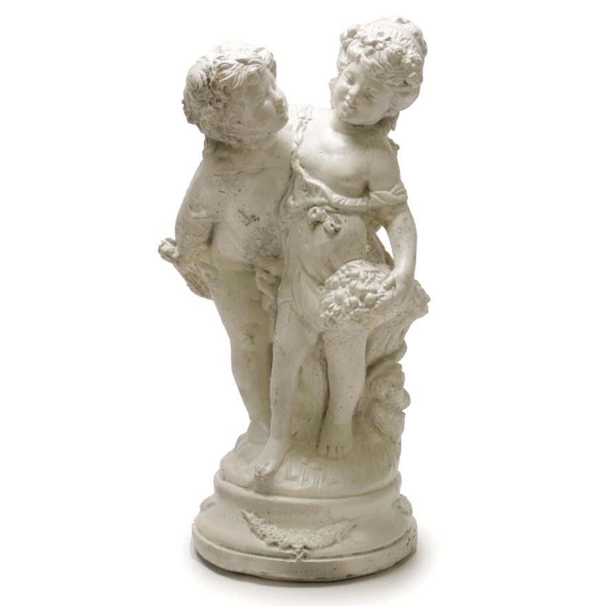 Rococo Style Plaster Boy and Girl Statuette, Late 20th Century