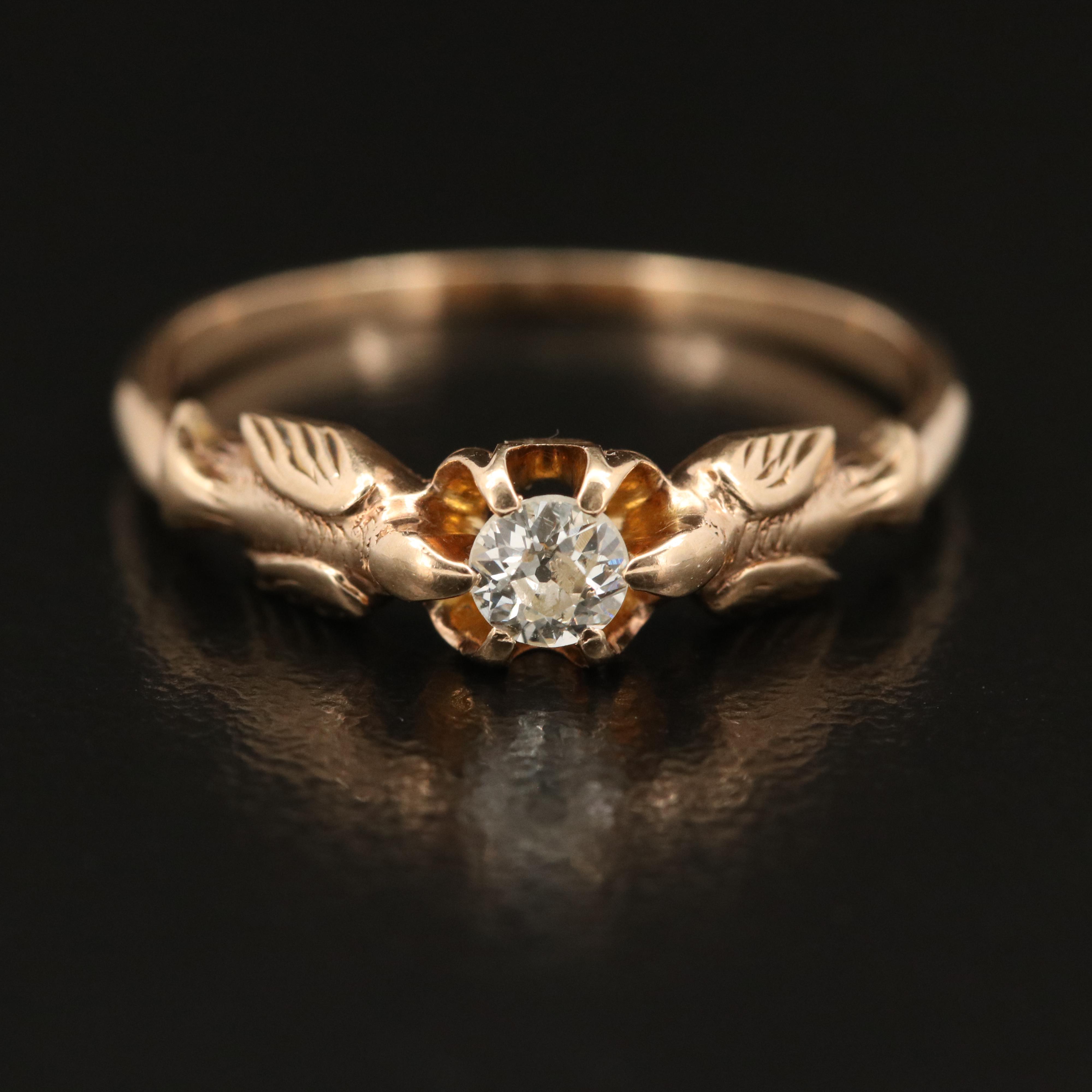 Art Nouveau 14K Diamond Belcher Ring with Swallows