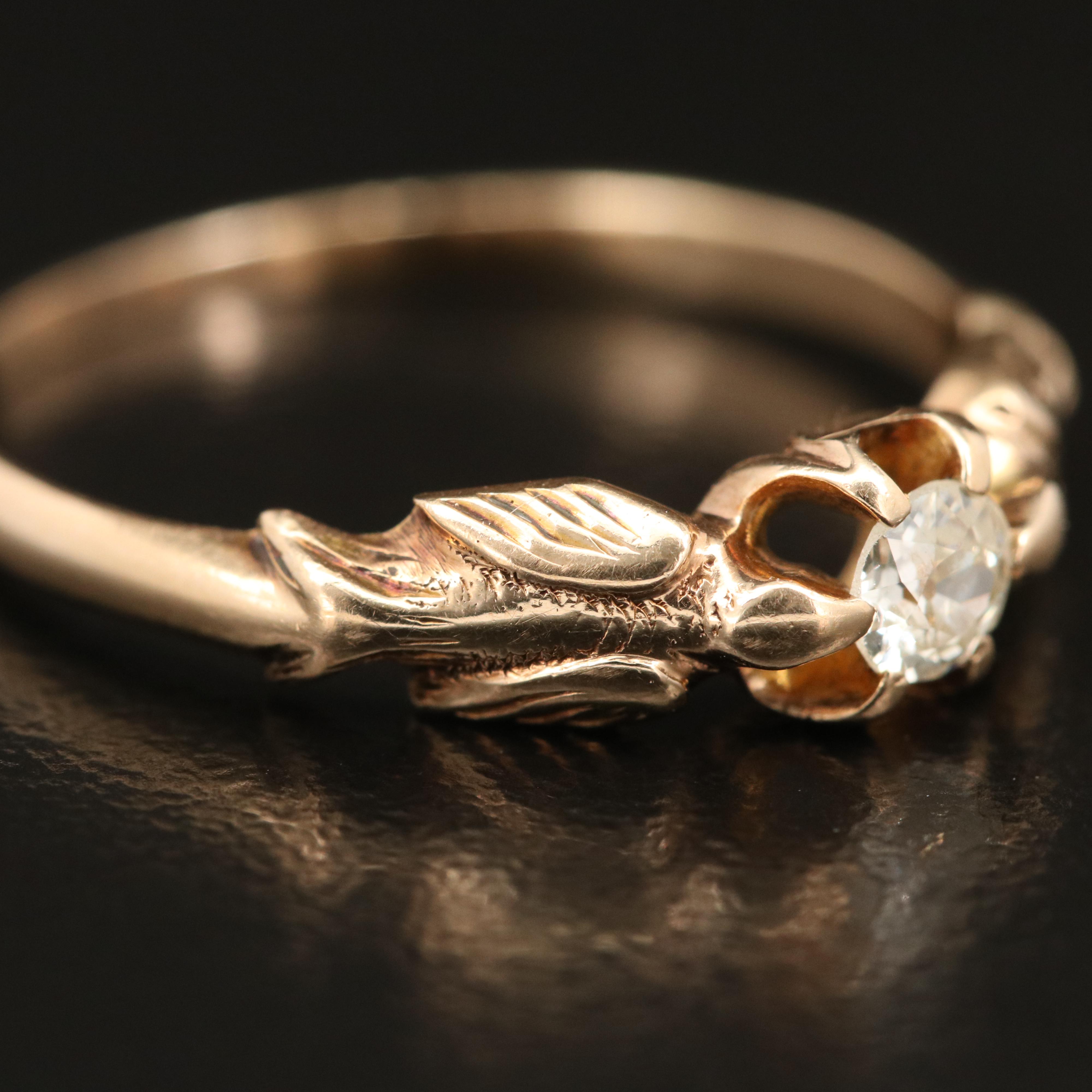 Art Nouveau 14K Diamond Belcher Ring with Swallows