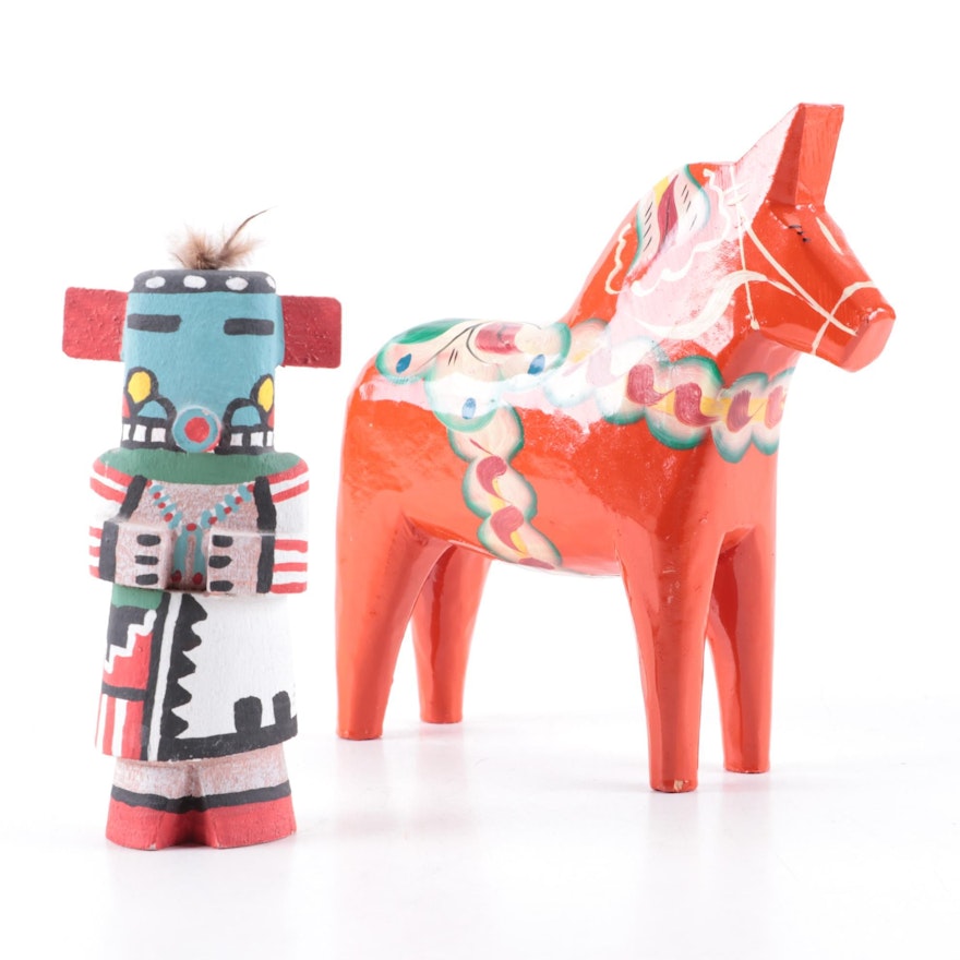 Hopi Carved Wood Kachina with Painted Swedish Dala Horse