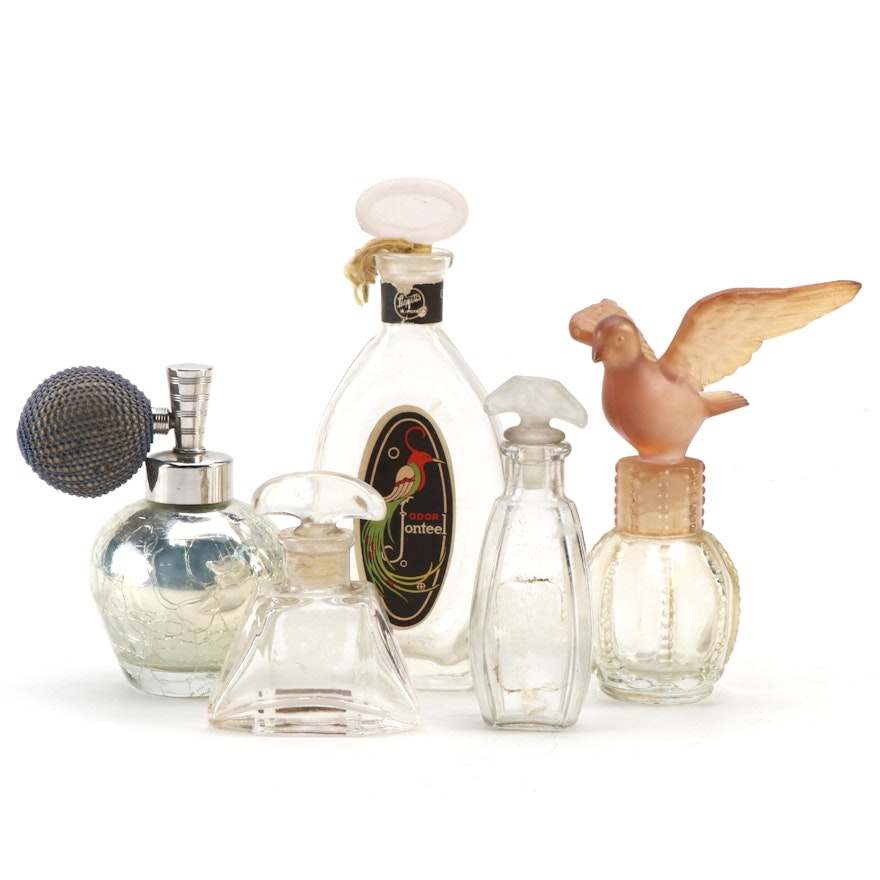 De Vilbiss Atomizer and Other Glass Perfume Bottles, Early to Mid 20th Century