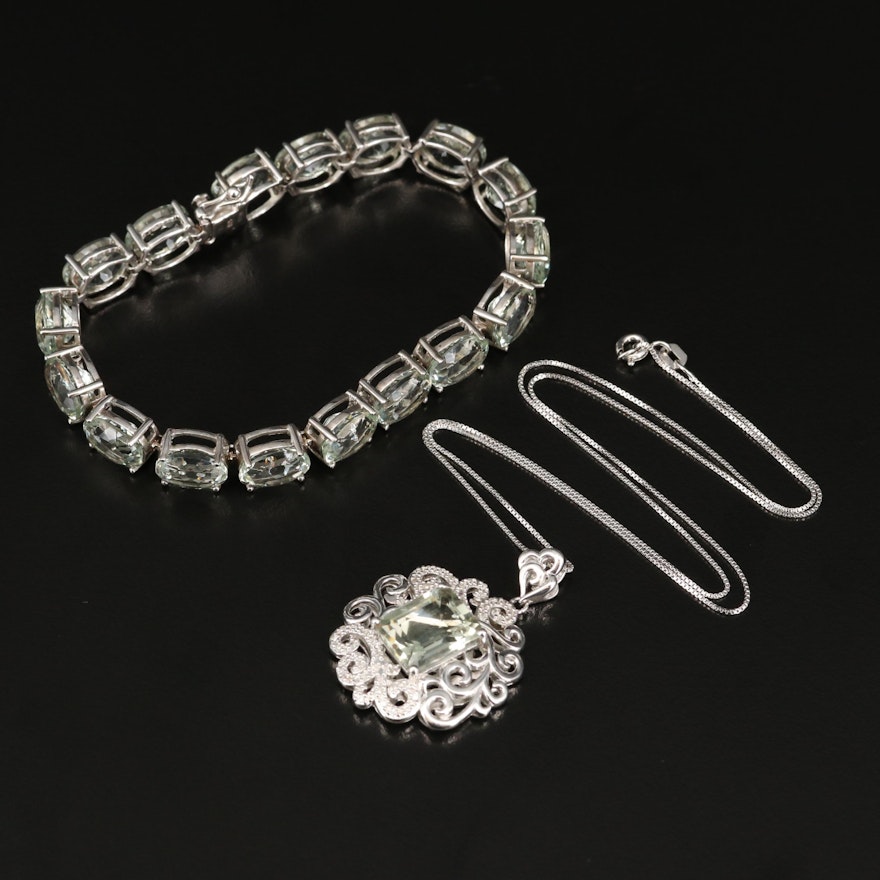 Sterling Bracelet and Necklace with Scroll Pattern, Prasiolite and Diamond