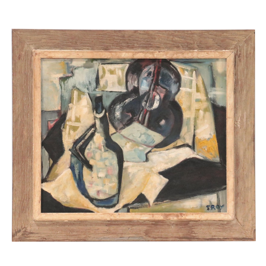 Cubist Style Oil Painting of Still Life with Guitar
