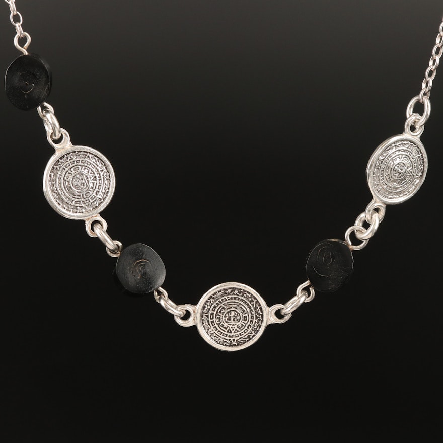Sterling Mayan Calendar Necklace with Coral Accents