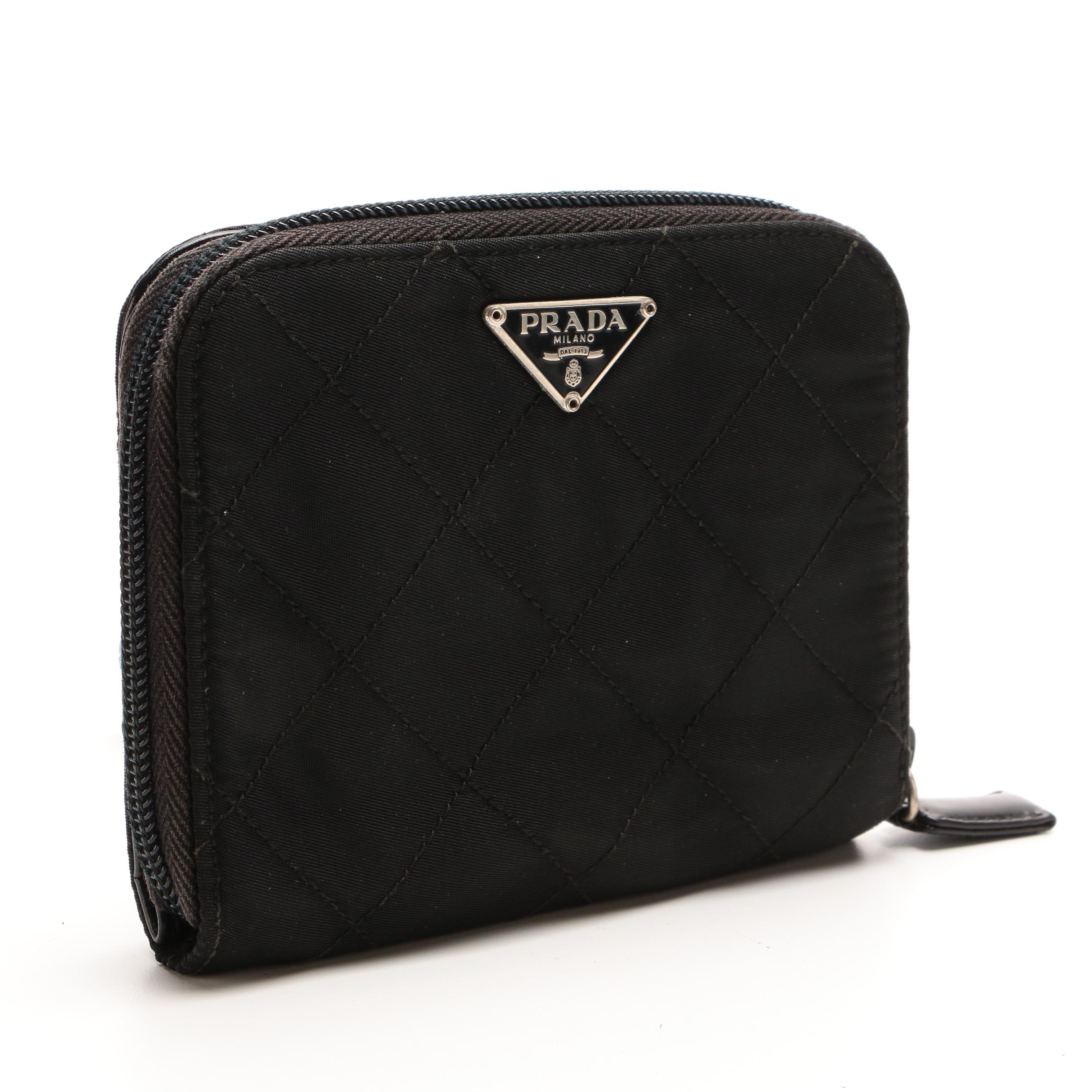 Prada Black Quilted Tessuto Nylon and Leather Zip Wallet