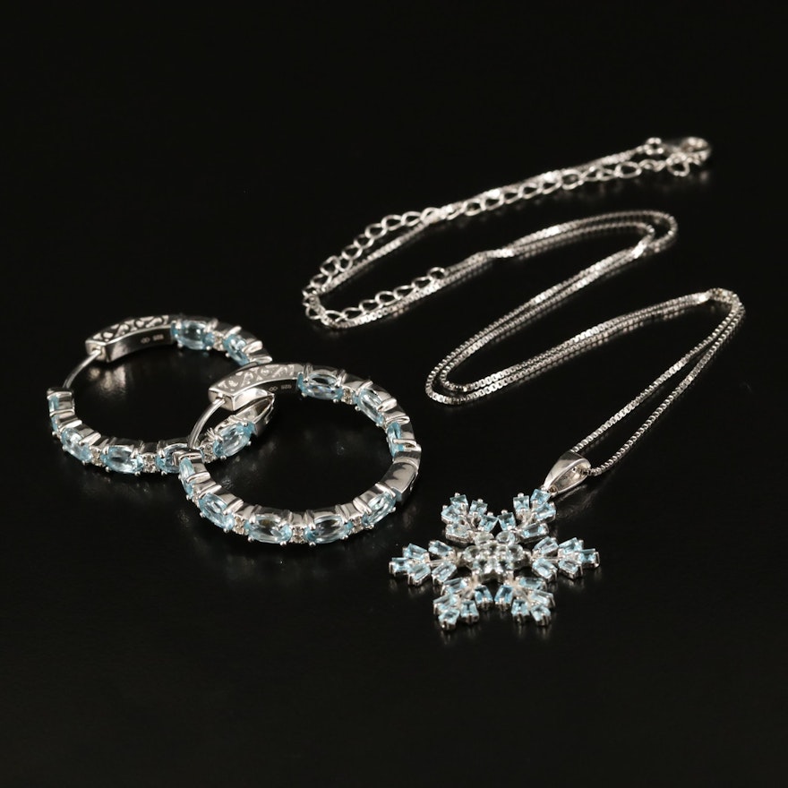 Sterling Inside-Out Hoop Earrings and Snowflake Necklace with Topaz