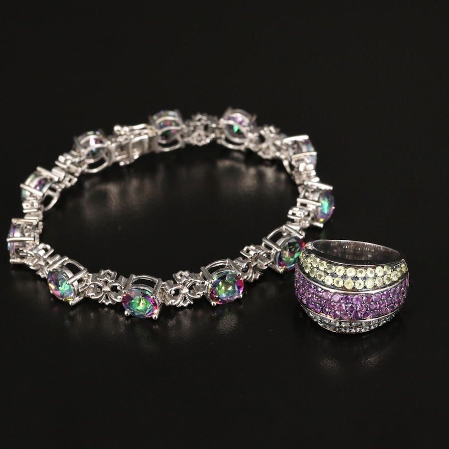 Sterling Mystic Topaz Link Bracelet with Gemstone Ring