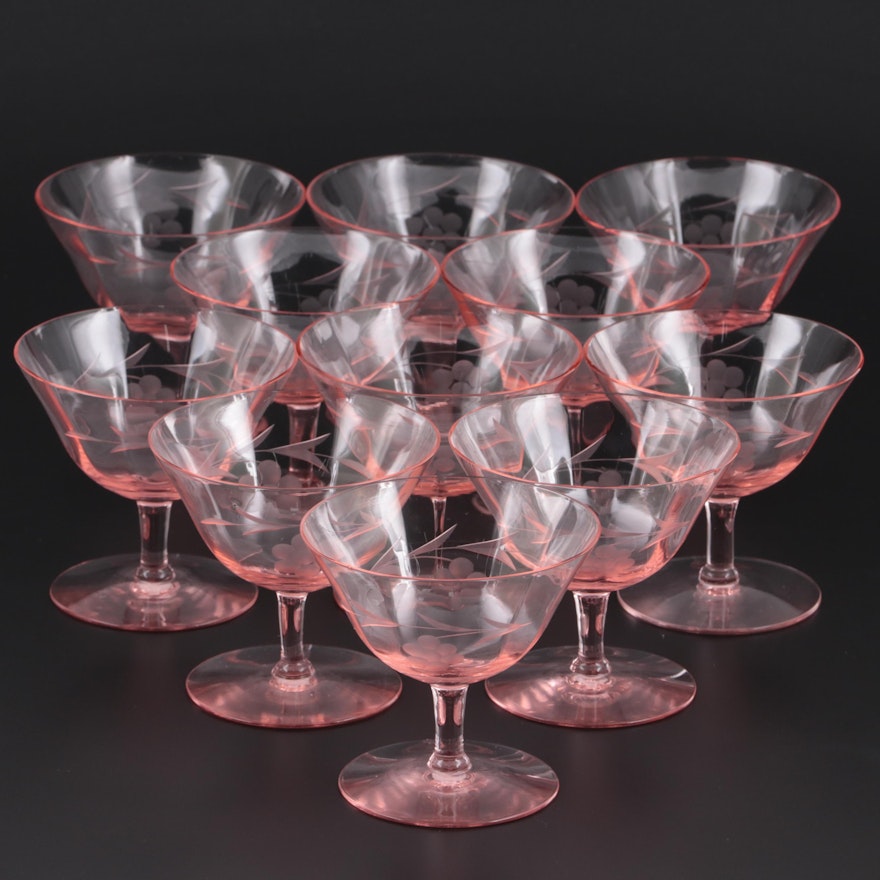 Etched Pink Depression Glass Coupes, Mid-20th Century