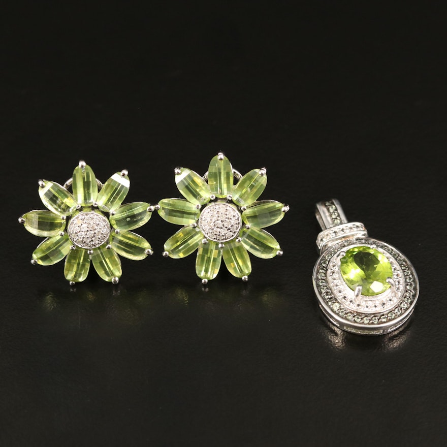 Sterling Flower Button Earrings and Double Halo Pendant with Peridot and Diamond