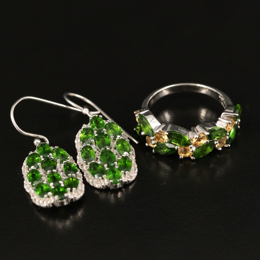 Sterling Diopside and Citrine Ring and Earrings