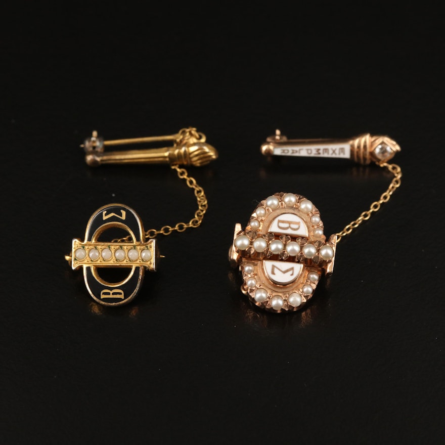Beta Sigma Phi Sorority Pins Featuring 10K Gold, Pearls and Topaz