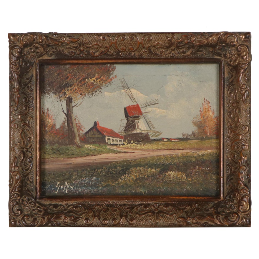 Oil Painting of Dutch Windmill, Late 19th-Early 20th Century