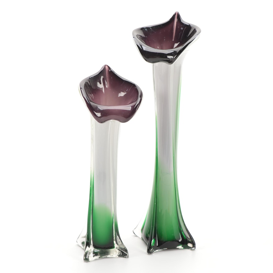 Pair of Handblown Art Glass Jack-in-the-Pulpit Vases