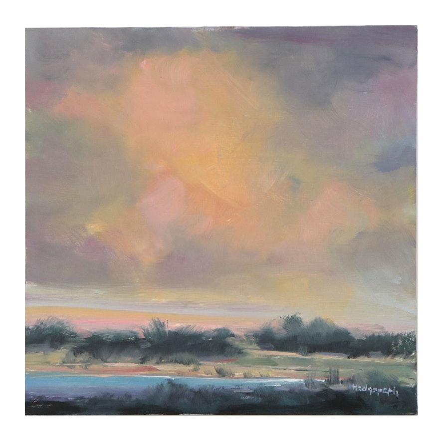 Stephen Hedgepeth Landscape Oil Painting of River Plain at Sunset