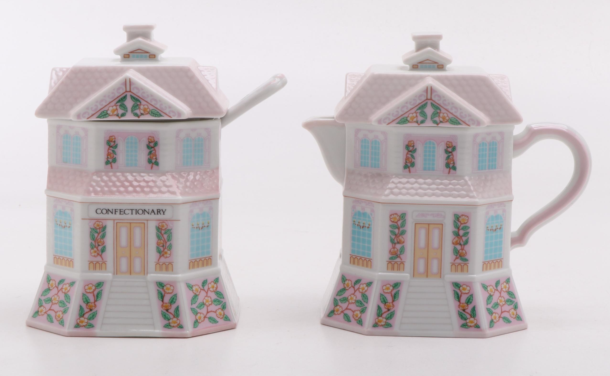 Lenox "Village Tea Room" Porcelain Tea Pot, Sugar Bowl and Creamer