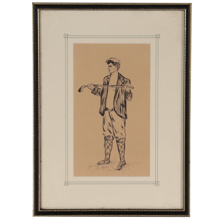 Ink Drawing of a Golfer, Mid to Late 20th Century