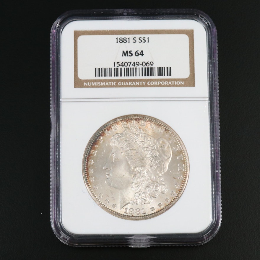 NGC Graded MS64 1881-S Morgan Silver Dollar.