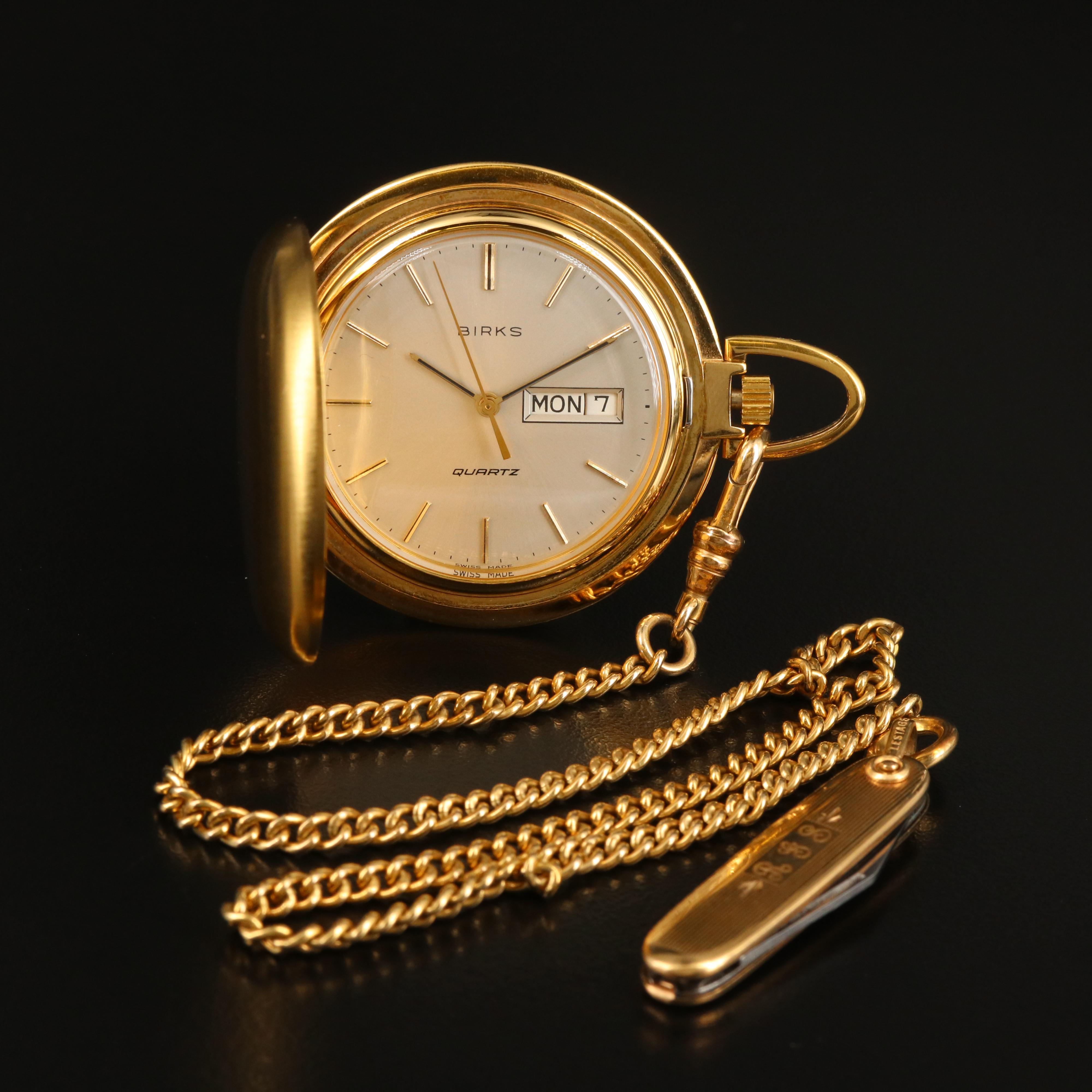 Vintage Birks Quartz Pocket Watch with Chain Fob and Knife