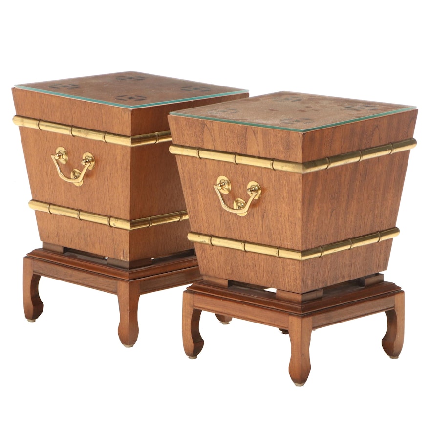Pair of Chinese Brass-Mounted Hardwood Rice Boxes Converted to Side Tables