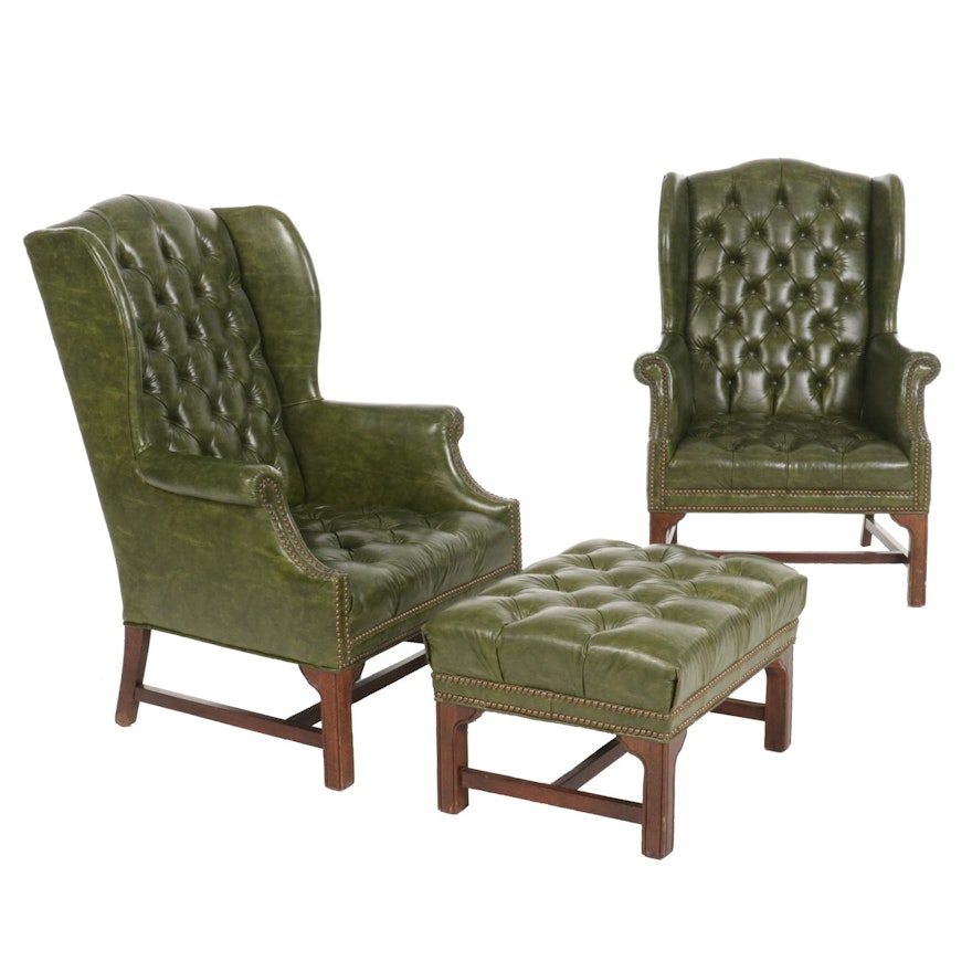 Pair of Green Button Tufted Wing Back Armchairs and Ottoman, Late 20th Century