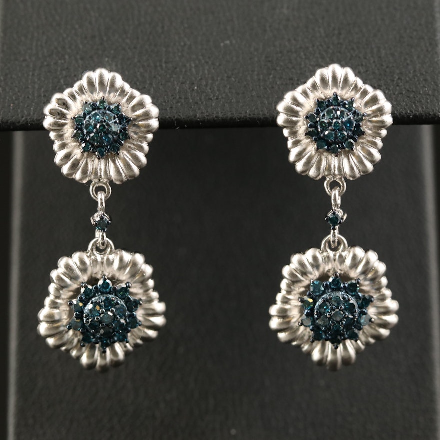 Sterling Diamond Flower Drop Earrings