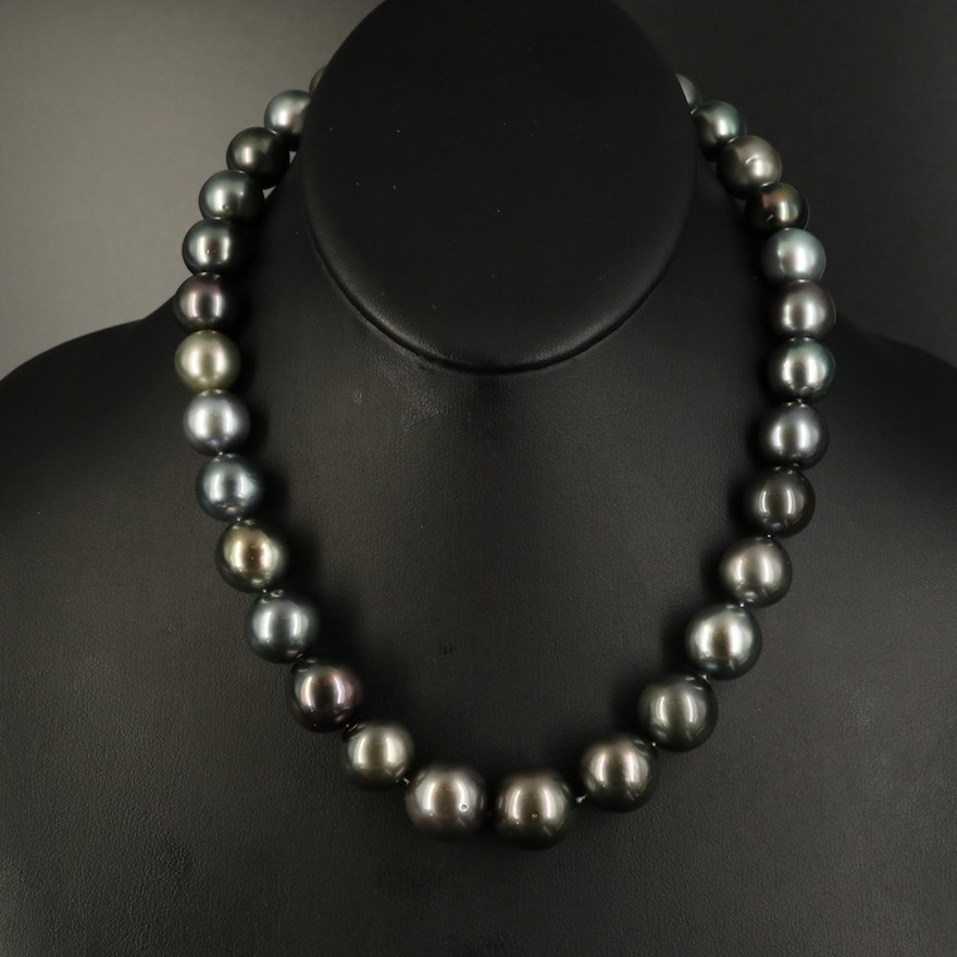 Tahitian Pearl 11.97 MM-15.91 MM Necklace with 18K Diamond Clasp and GIA Report