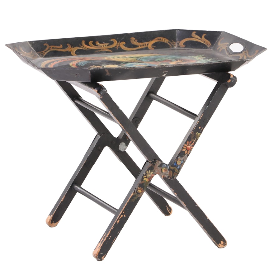Ebonized and Paint-Decorated Tole Tray on Stand