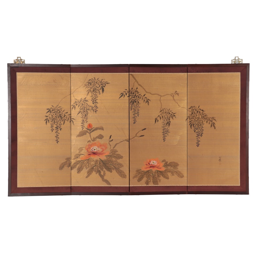 Japanese Watercolor Painted Screen of Wisteria and Peonies