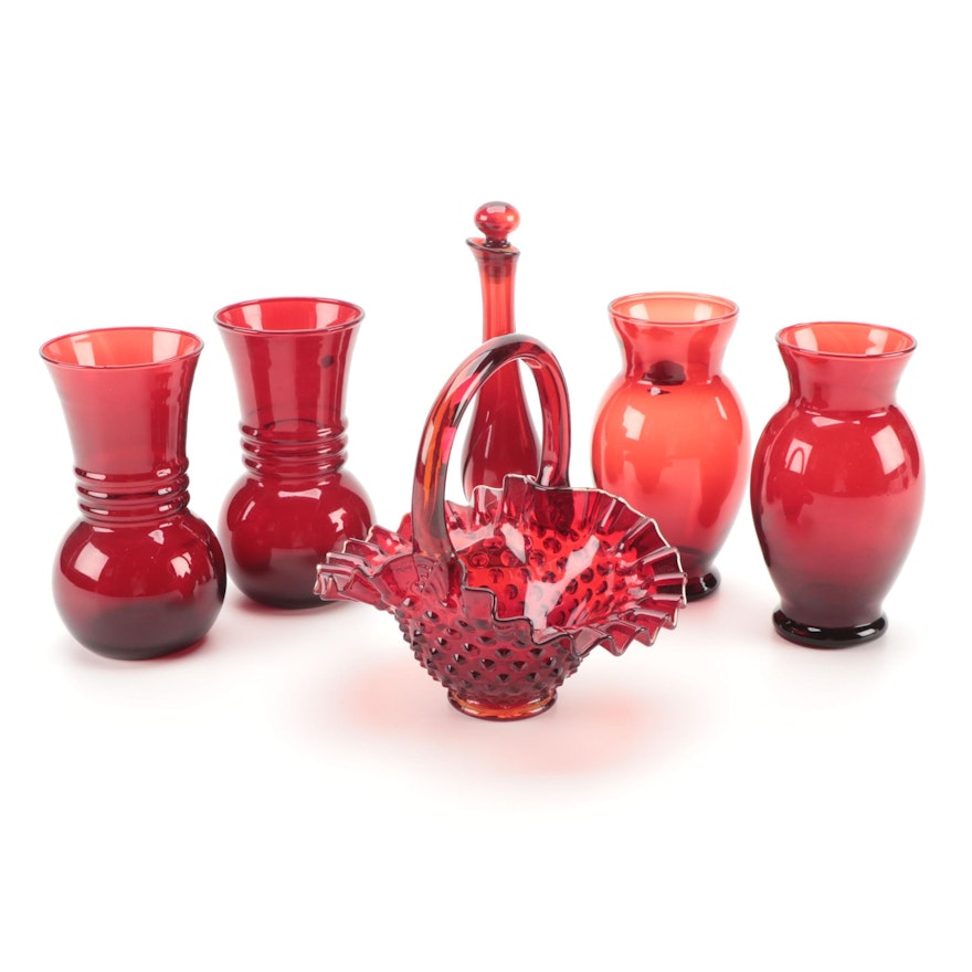 Fenton "Hobnail" Ruby Glass Basket with Anchor Hocking and Avon Vases