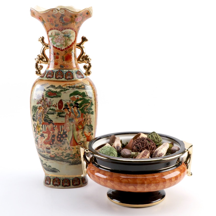 Chinese Satsuma Style Vase with Royal Court Scene and Ceramic Footed Bowl