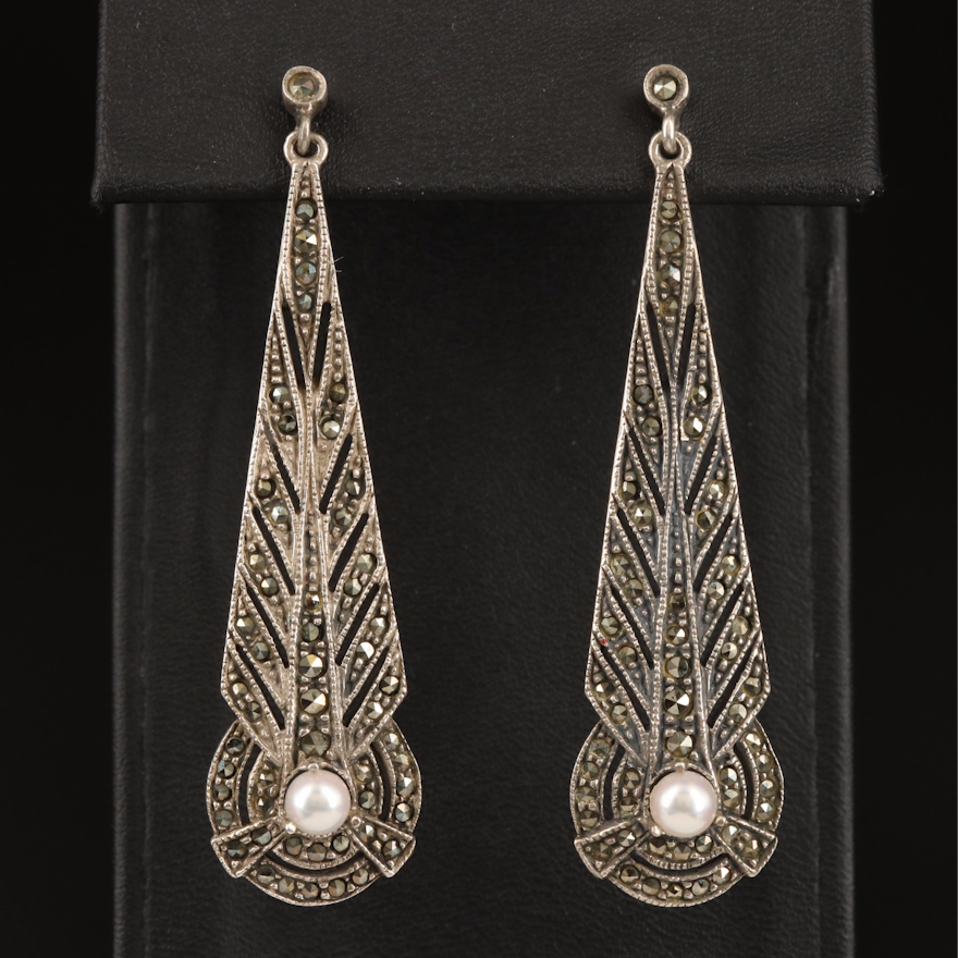 Judith Jack Sterling Pearl and Marcasite Elongated Feather Earrings