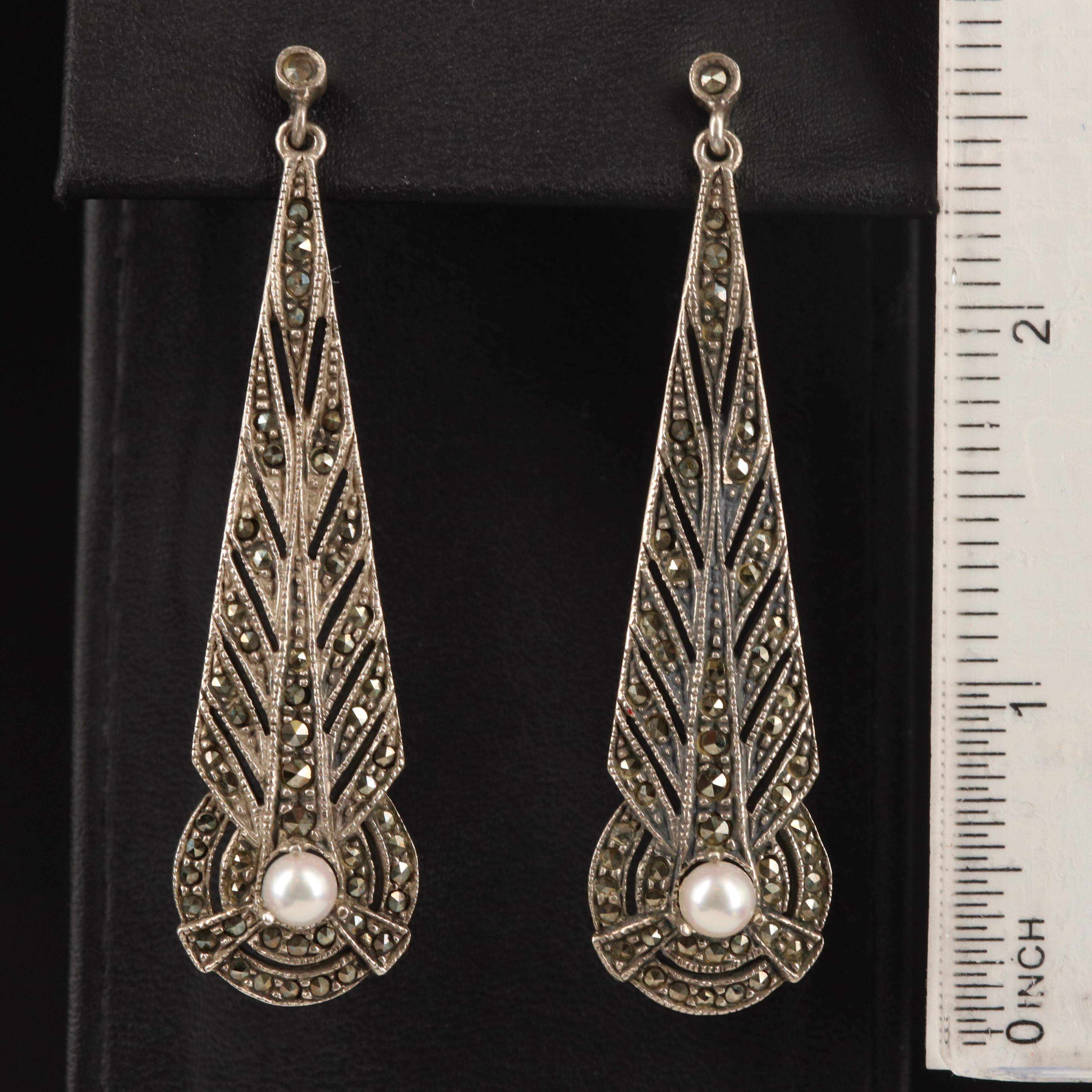 Judith Jack Sterling Pearl and Marcasite Elongated Feather Earrings