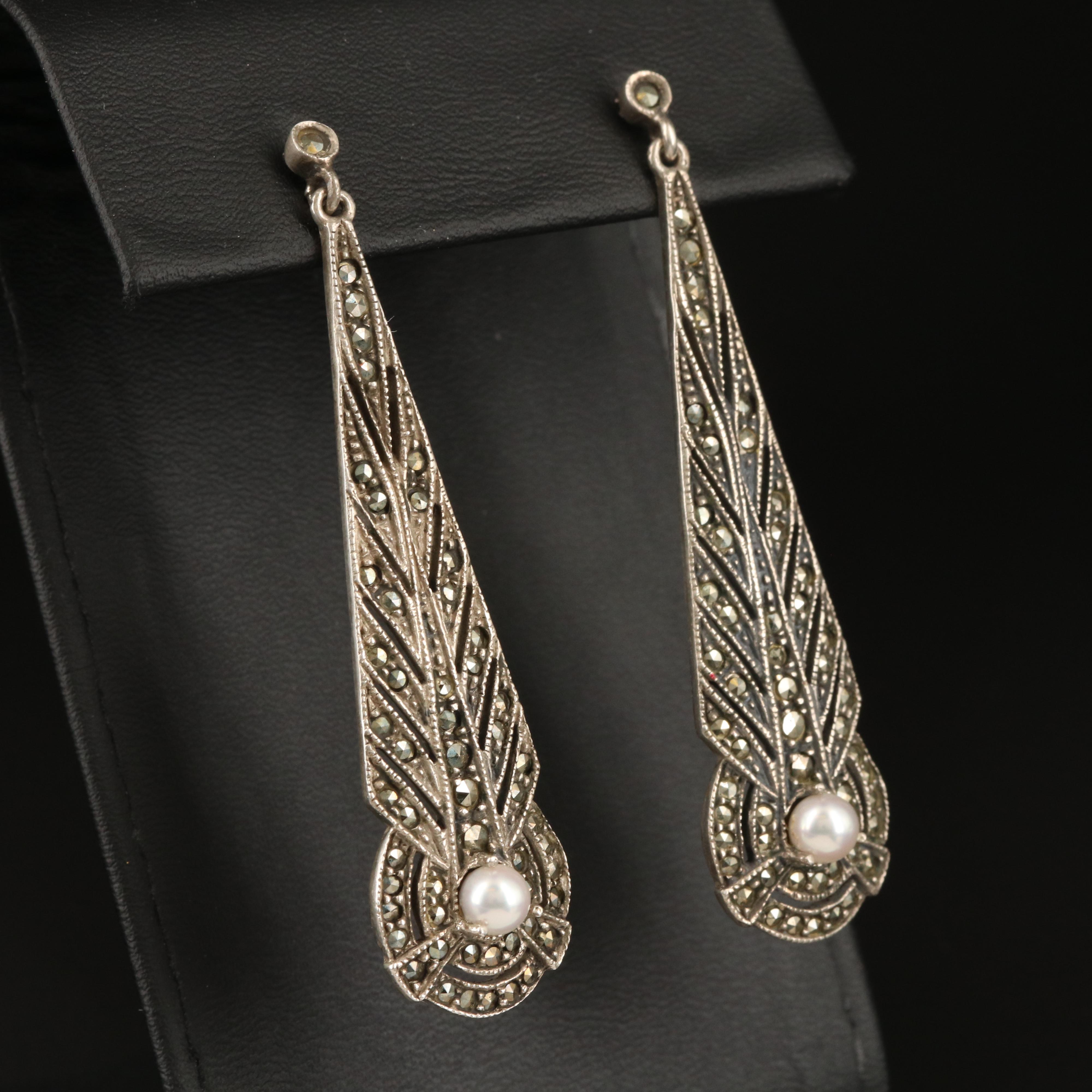 Judith Jack Sterling Pearl and Marcasite Elongated Feather Earrings