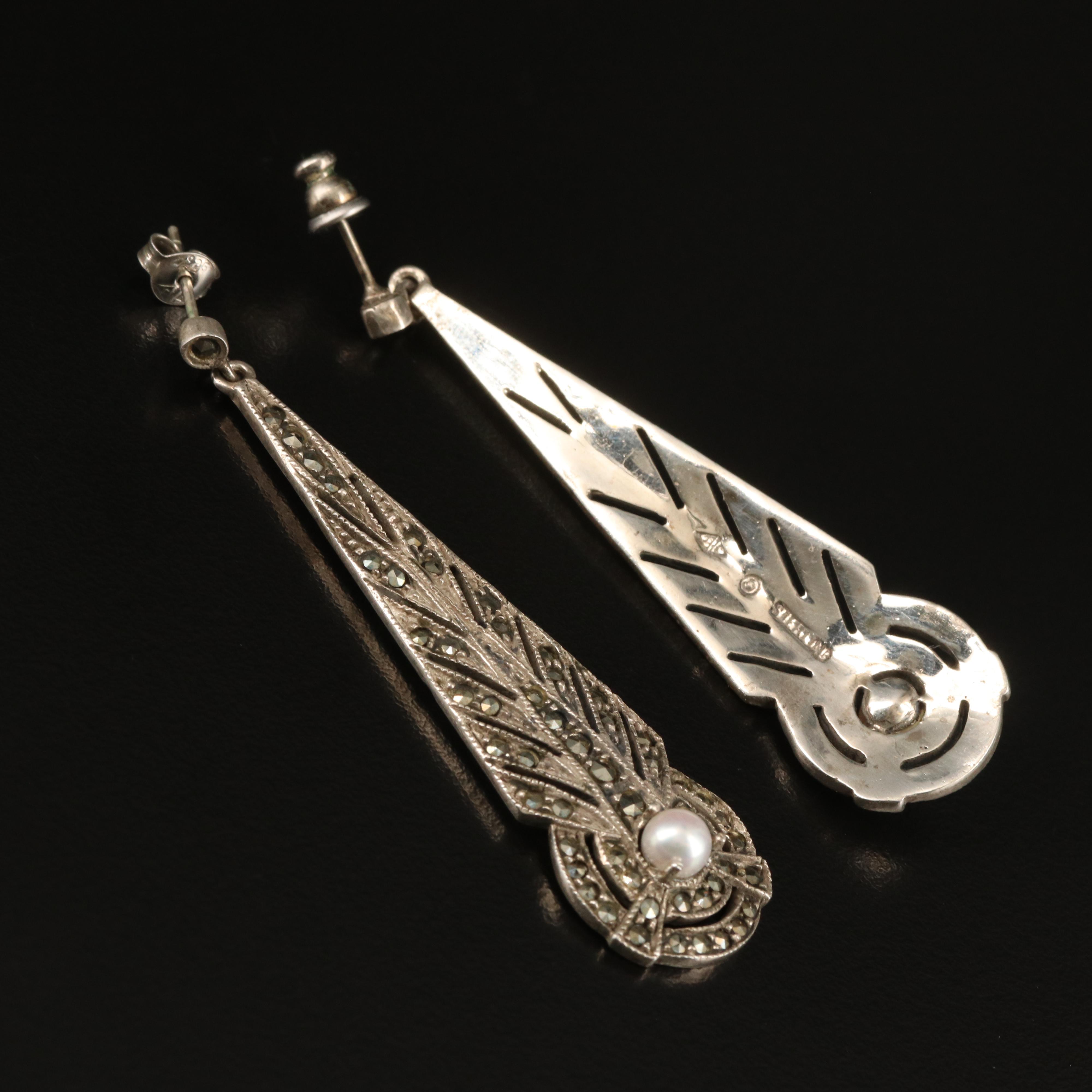 Judith Jack Sterling Pearl and Marcasite Elongated Feather Earrings
