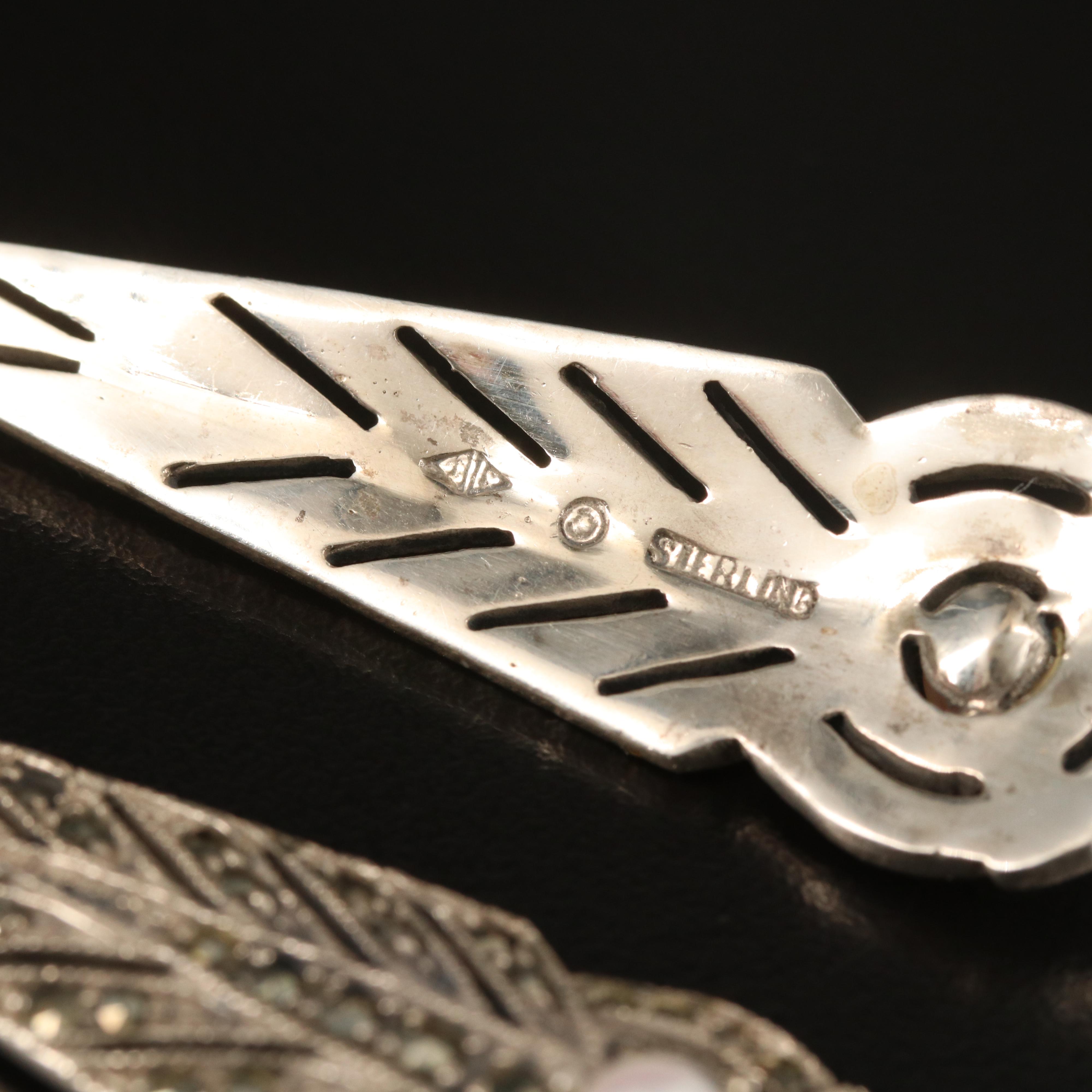 Judith Jack Sterling Pearl and Marcasite Elongated Feather Earrings