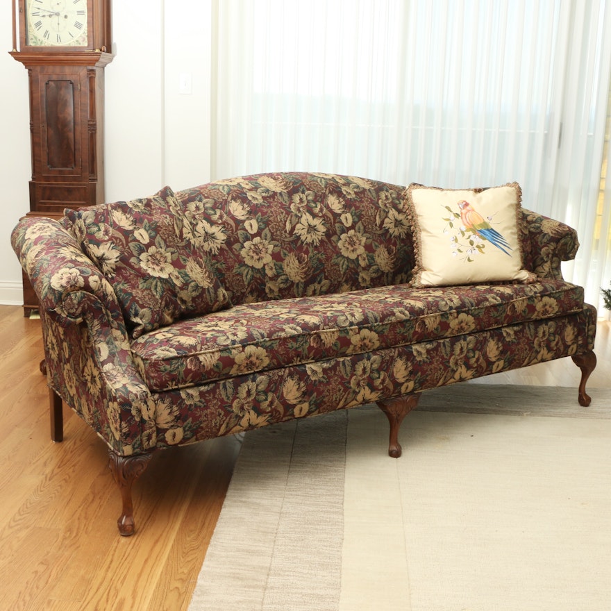 Rowe Floral Upholstered Camelback Sofa on Ball and Claw Mahogany Feet