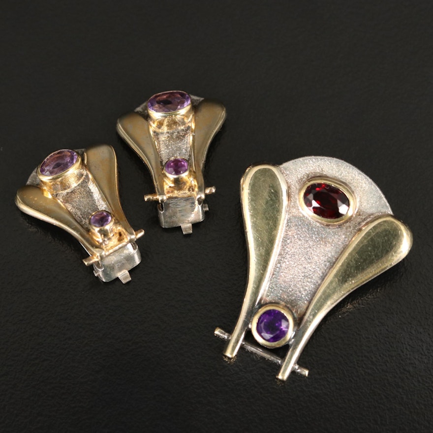 Sterling Silver Amethyst and Garnet Contemporary Pendant and Clip Earring Set