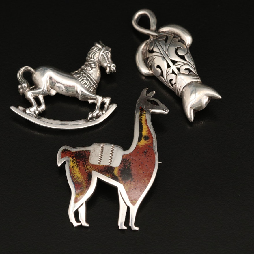 Sterling Jezlaine Cat, Beau Sterling Rocking Horse and Peruvian Llama Brooches