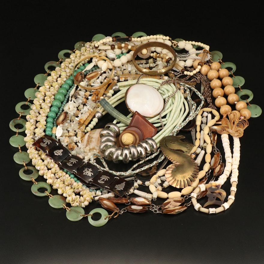 Vintage Costume Jewelry Including Sterling Silver Tortoise Shell Panel Bracelet