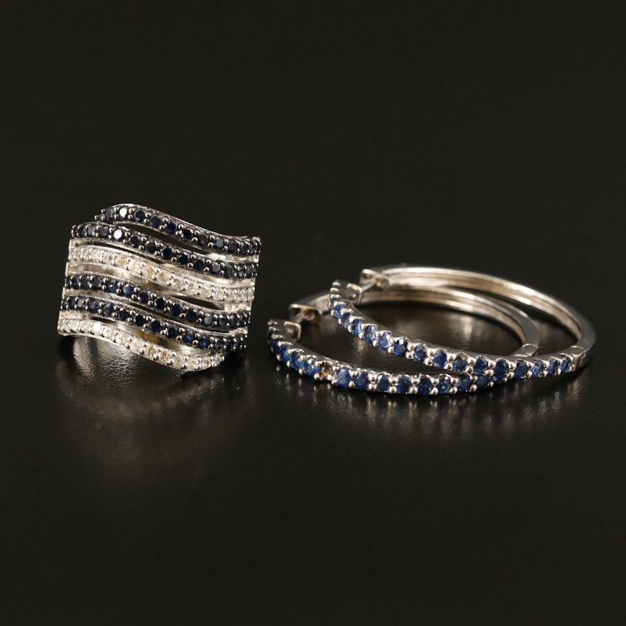 Sterling Sapphire and Zircon Hoop Earrings and Wave Band