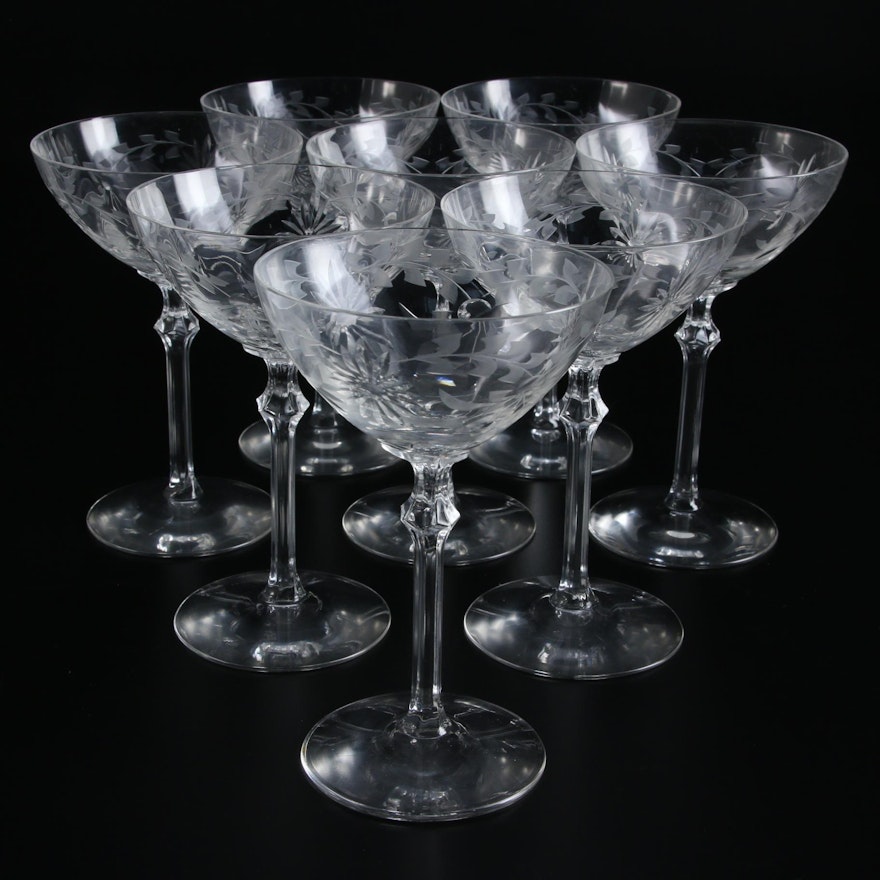 Etched Floral and Foliate Motif Glass Coupes, Mid-20th Century