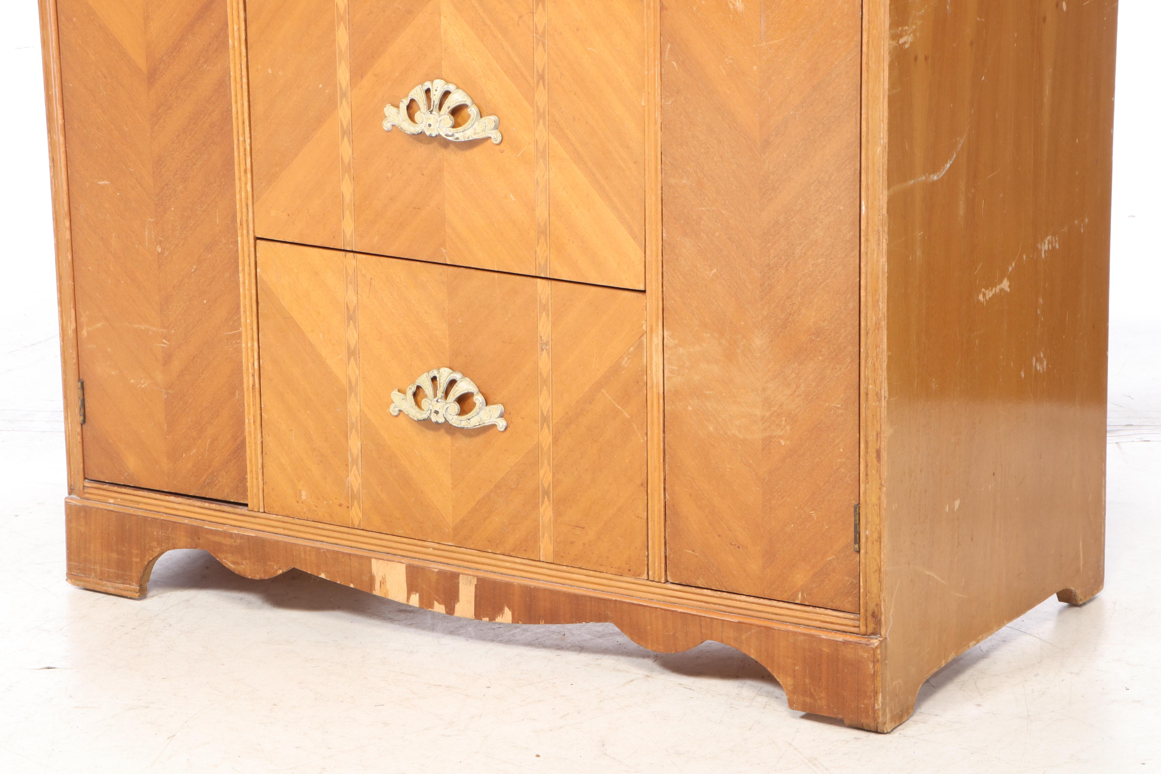 Art Deco Blondewood and Reverse-Etched Glass Chifferobe with Secretary, c. 1930