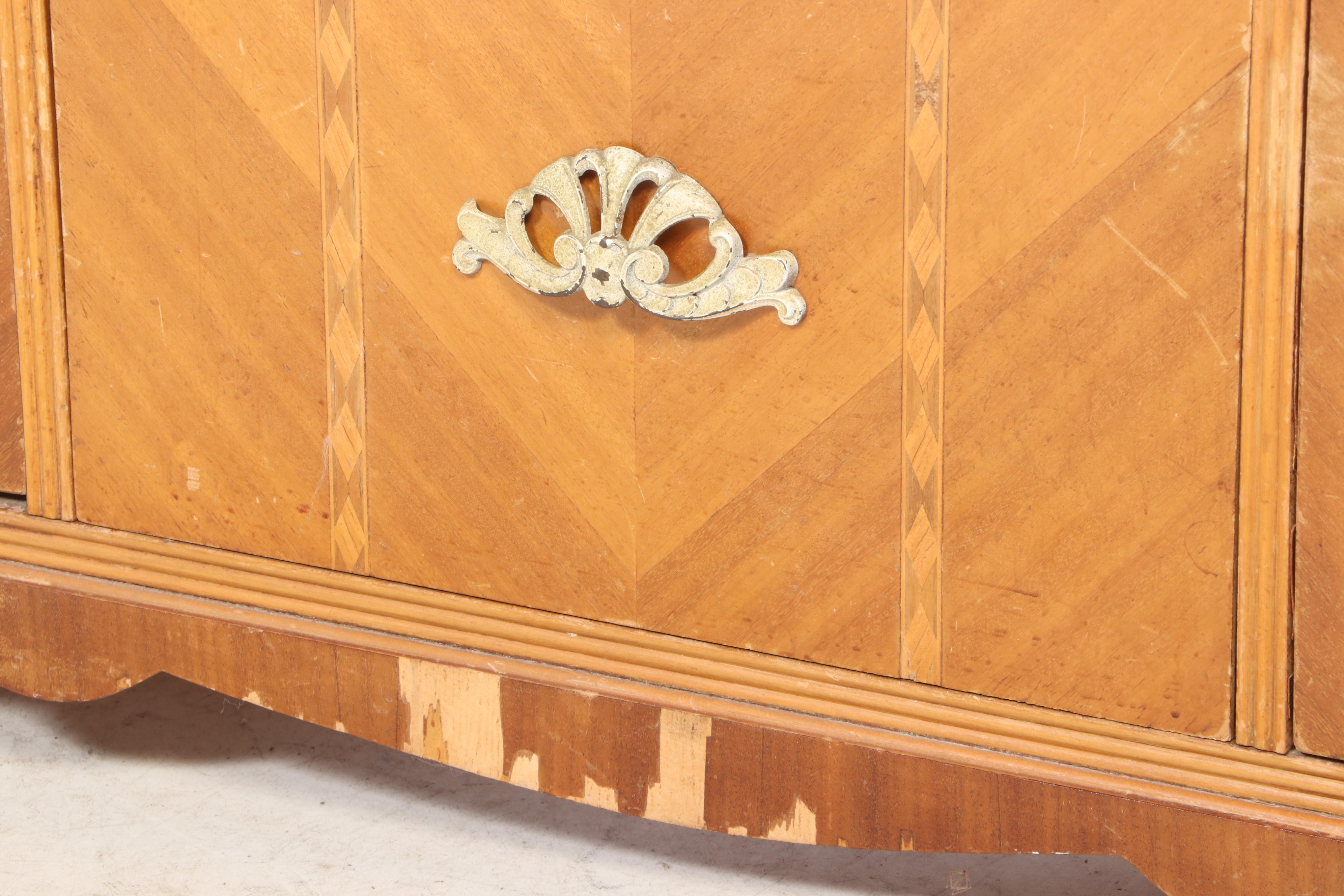 Art Deco Blondewood and Reverse-Etched Glass Chifferobe with Secretary, c. 1930