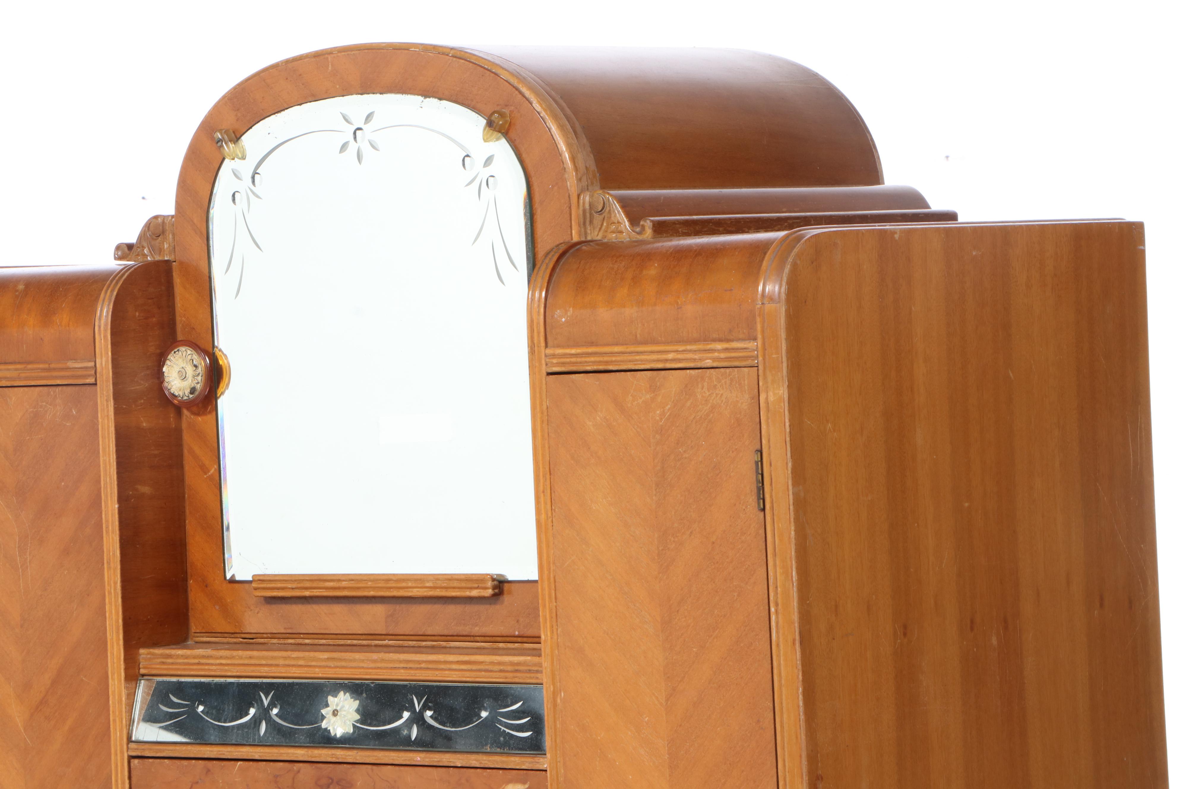 Art Deco Blondewood and Reverse-Etched Glass Chifferobe with Secretary, c. 1930