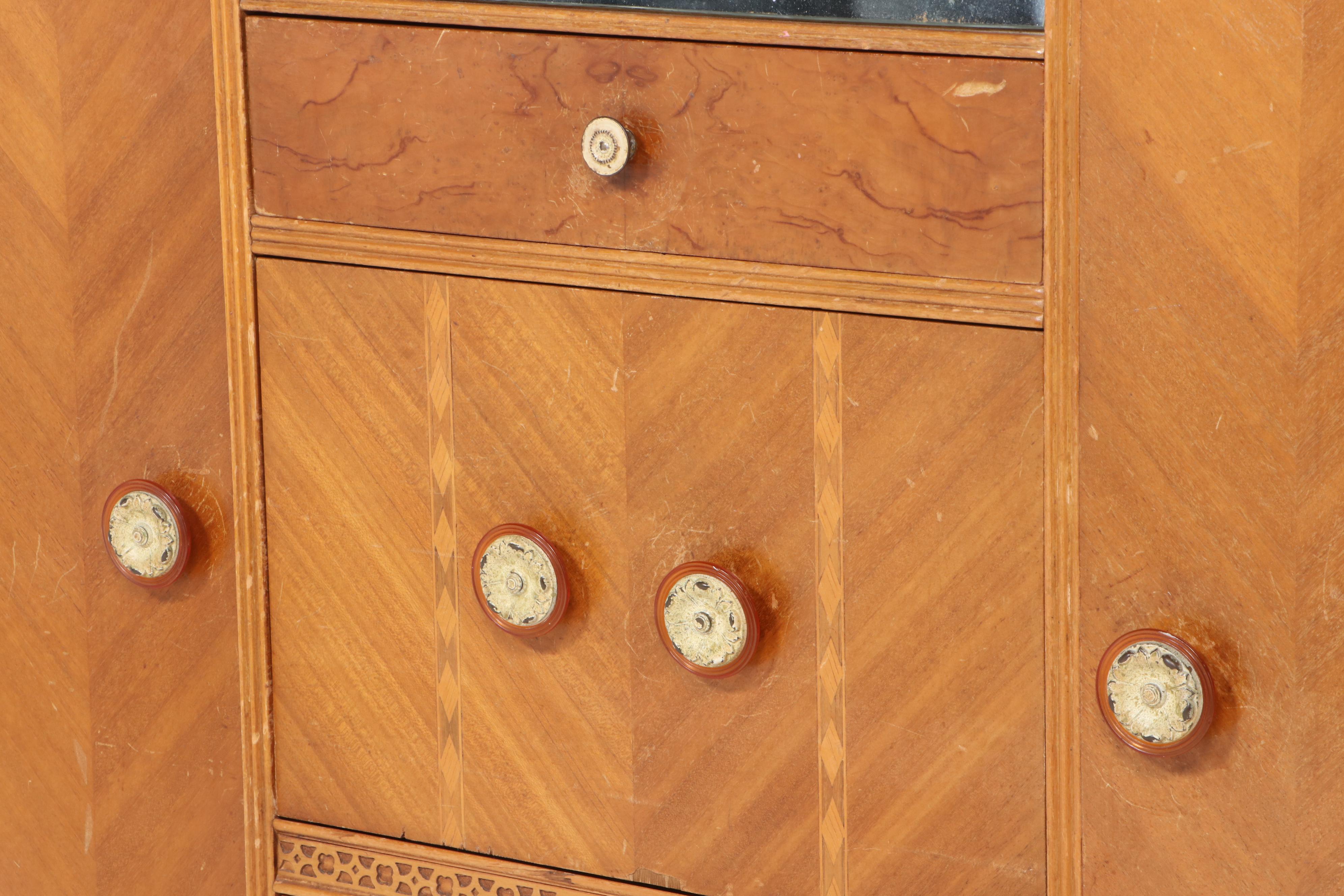 Art Deco Blondewood and Reverse-Etched Glass Chifferobe with Secretary, c. 1930