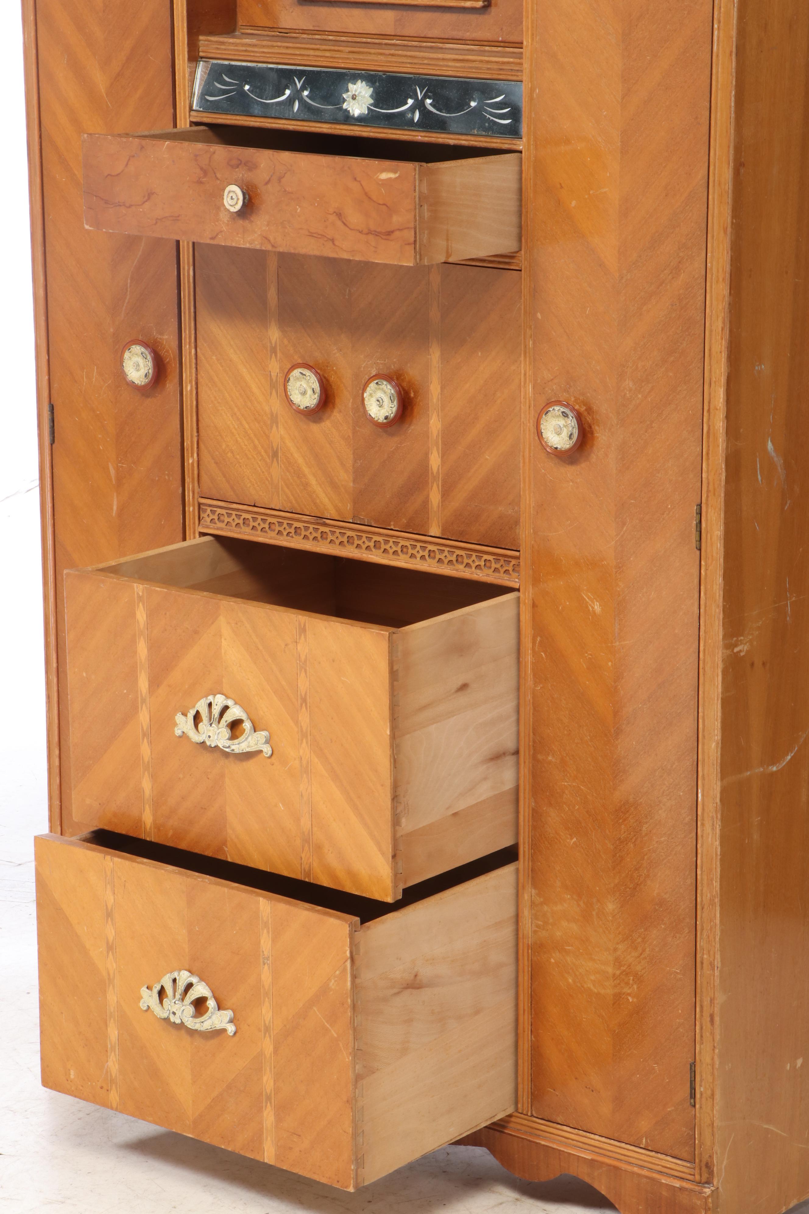 Art Deco Blondewood and Reverse-Etched Glass Chifferobe with Secretary, c. 1930